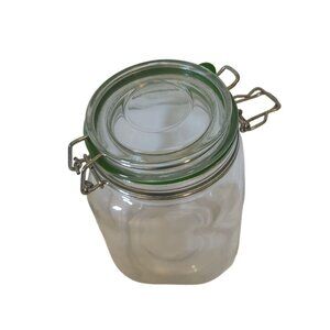 Vintage Glass Storage Jar With Hinged Lid & Green Seal 6 In Tall Airtight